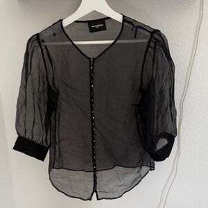 The Kooples Black Sheer Puff-Sleeve Button Blouse